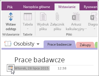 Zrzut ekranu, na którym wyjaśniono, jak zmienić sygnaturę daty strony w programie OneNote 2016.