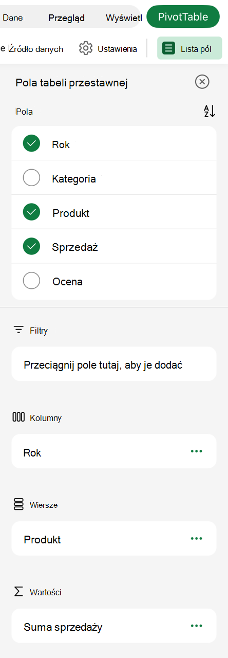 Tabela przestawna na liście pól tabletu iPad