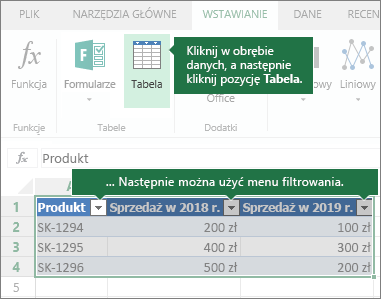 Karta Wstawianie, przycisk Tabela, menu Filtruj