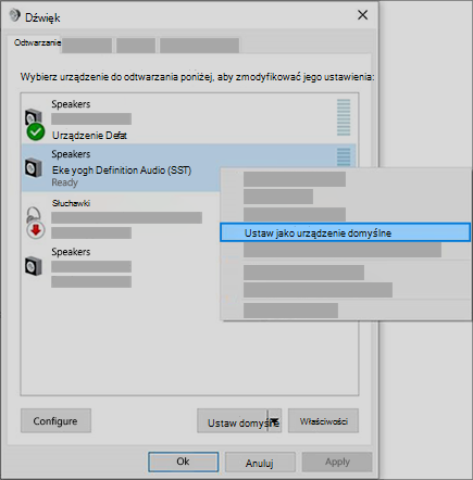 Ustaw urządzenie audio jako urządzenie domyślne