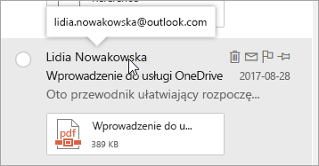 Zrzut ekranu przedstawiający kursor umieszczony na imieniu i nazwisku nadawcy