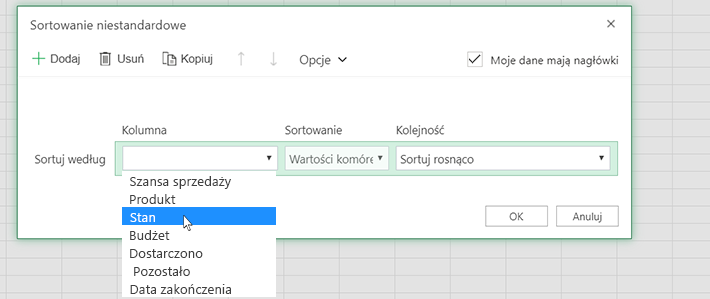 Zaznaczanie kolumny w niestandardowym oknie dialogowym Sortowanie