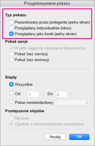 Opcje typu pokazu