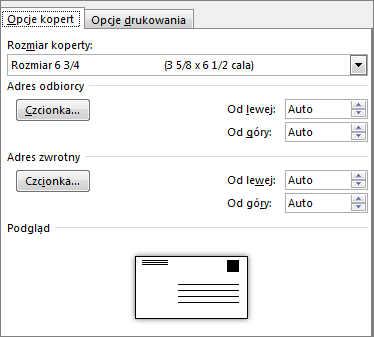 Karta Opcje kopert służąca do określania rozmiaru kopert i czcionek adresu