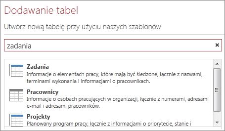 Pole wyszukiwania szablonów tabel na ekranie dodawania tabel.