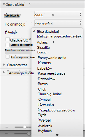 Zrzut ekranu przedstawiający sekcję Opcje efektu okienka Animacje z rozwiniętym menu Dźwięk.