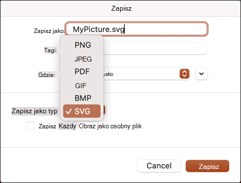 Okno dialogowe Zapisz jako w programie PowerPoint 2021 dla komputerów Mac z wybraną opcją SVG