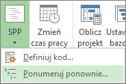 Obraz karty Projekt, przycisku SPP, polecenia Ponumeruj ponownie w menu rozwijanym.