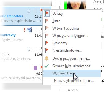 Polecenie Wyczyść flagę wyświetlane po kliknięciu prawym przyciskiem myszy na liście wiadomości