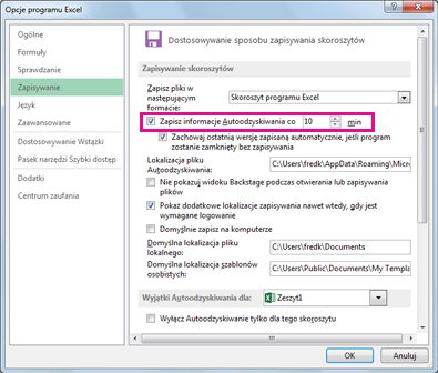 Opcja Autoodzyskiwanie na karcie Zapisywanie w oknie dialogowym Opcje programu Excel