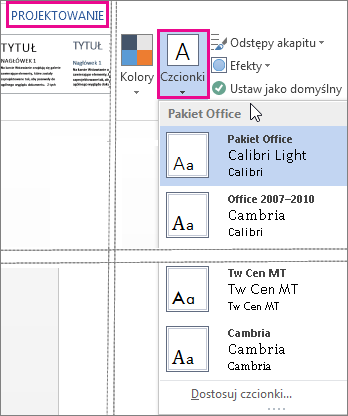 Galeria czcionek na karcie Projektowanie