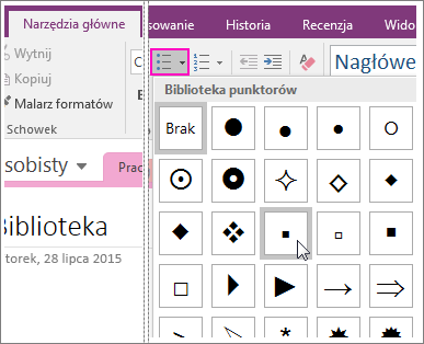 Zrzut ekranu przedstawiający dodawanie punktorów do strony w programie OneNote 2016.