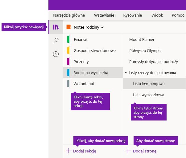 Sekcje i strony w programie OneNote dla systemu Windows 10