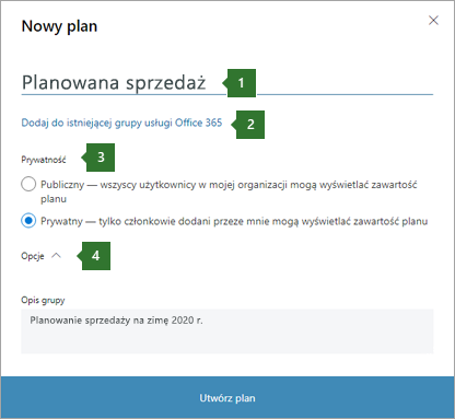 Zrzut ekranu przedstawiający okno dialogowe Nowy plan usługi Planner z objaśnieniami dla 1 nazw wprowadzonych "Planowana sprzedaż", 2 opcjami "Dodaj do istniejącej grupy Office 365", 3 Opcje prywatności i 4 Menu rozwijane.