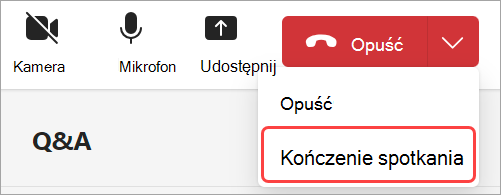 Zrzut ekranu przedstawiający interfejs użytkownika, jak opuścić lub zakończyć spotkanie pracowników