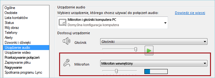 Zrzut ekranu: mikrofon do sprawdzania dźwięku w programie Lync