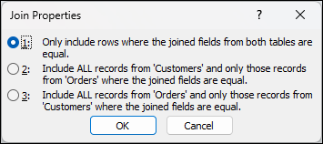 Okno dialogowe Właściwości sprzężenia w programie Access z trzema opcjami sprzężeń. Zostanie wybrana pierwsza opcja, która zawiera tylko wiersze, w których połączone pola z obu tabel są równe.