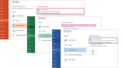 Zrzuty ekranu udostępniania ekranu programów PowerPoint, Excel i Word z wyróżnioną opcją programu Skype dla firm