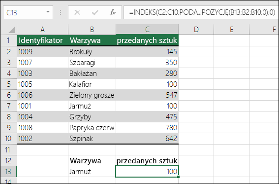 Funkcji INDEKS i PODAJ.POZYCJĘ można używać w zastępstwie funkcji WYSZUKAJ.PIONOWO