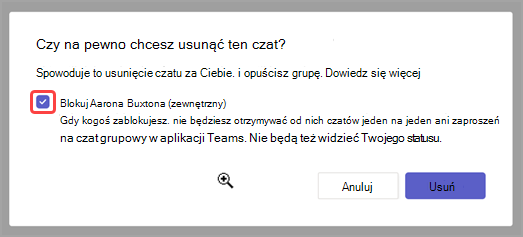 Zrzut ekranu przedstawiający opcje usuwania żądania wiadomości lub blokowania nadawcy