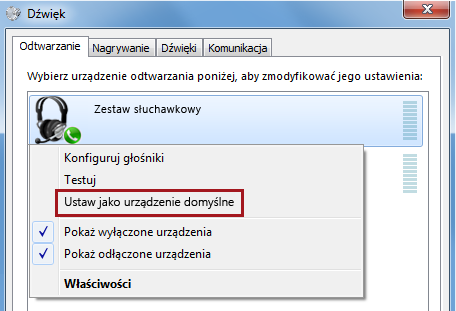 Ustawianie urządzenia jako domyślnego w systemie Windows