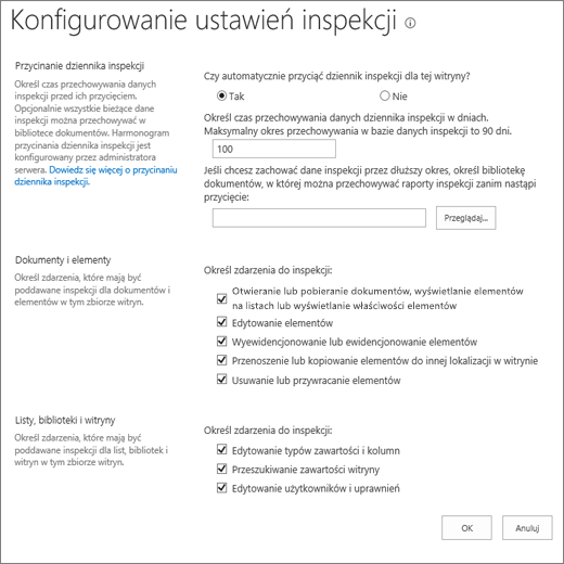 Konfigurowanie ustawień inspekcji w oknie dialogowym Ustawienia witryny