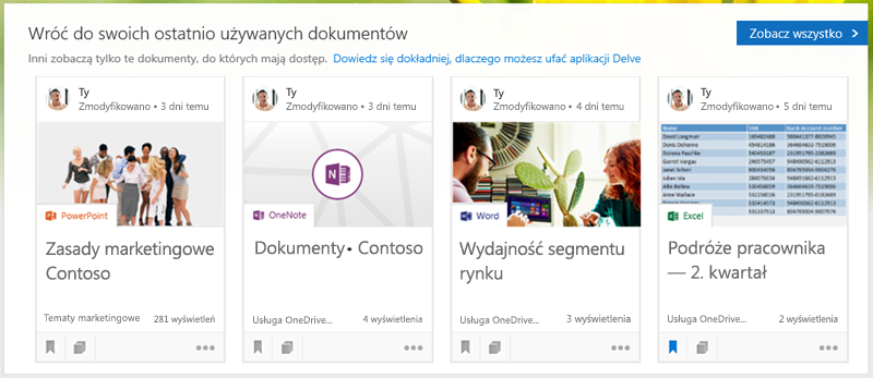 Kliknij dokument, aby go otworzyć, lub kliknij pozycję Zobacz wszystkie, aby wyświetlić więcej dokumentów