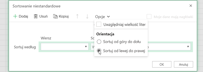 Niestandardowe sortowanie otwiera menu opcji, a następnie należy wybrać pozycję Sortowanie od lewej do prawej