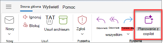 Shows Outlook toolbar with "Schedule with Copilot" button highlighted.