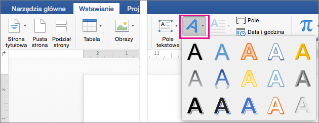 Karta Wstawianie z wyróżnioną opcją WordArt.