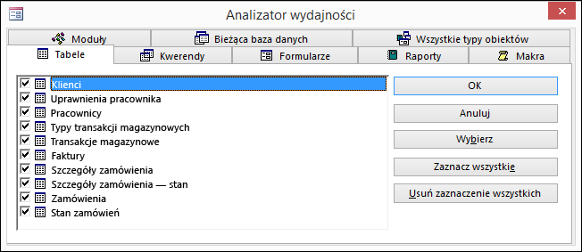 Okno dialogowe Analizator wydajności w programie Access