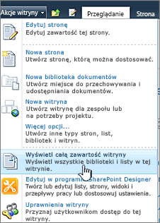 Wyświetlanie całej zawartości witryny w menu Akcje witryny