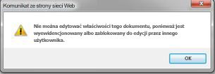 Komunikat z informacją, że plik jest zablokowany przez inną osobę