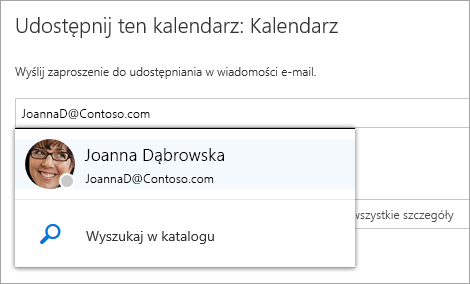 Zrzut ekranu przedstawiający okno dialogowe Udostępnij ten kalendarz.