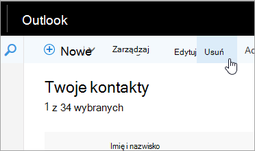 Zrzut ekranu przedstawiający przycisk Usuń pod paskiem nawigacyjnym programu Outlook.