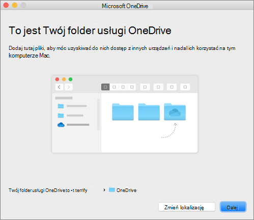 Zrzut ekranu przedstawiający stronę To jest folder usługi OneDrive w kreatorze OneDrive — Zapraszamy! na komputerze Mac