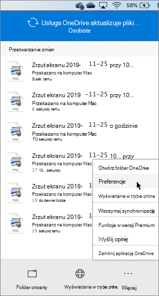 Zrzut ekranu przedstawiający ustawianie preferencji osobistych usługi OneDrive