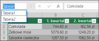 Pasek adresu programu Excel po lewej stronie paska formuły