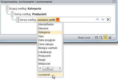 Wybieranie opcji wyrażenia w okienku Grupowanie, sortowanie i sumowanie.