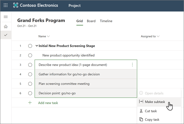 Wybranie menu Utwórz podzadanie w projekcie w programie Project