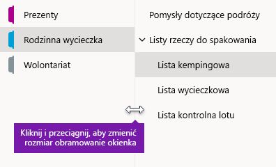 Zmienianie rozmiaru okienka nawigacji w programie OneNote dla systemu Windows 10