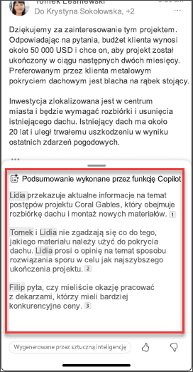 Podsumowanie wiadomości e-mail z funkcji Copilot w systemach iOS i Android