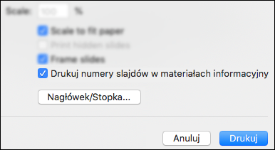 Okno dialogowe Drukowanie z wyświetloną opcją Drukuj numery slajdów w materiałach informacyjnych.