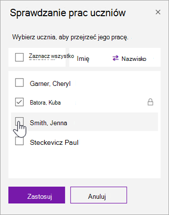 Zaznacz pole wyboru, aby zablokować stronę pojedynczego ucznia.