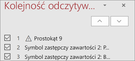 Lista elementów w kolejności odczytywania na slajdzie z przyciskami strzałka w górę i strzałka w dół w celu ich ponownego rozmieszczenia