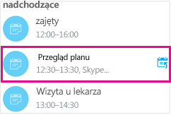 Ekran nadchodzących spotkań z wyróżnionym jednym spotkaniem