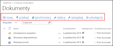 Aby rozpocząć wykonywanie działań w usłudze OneDrive dla Firm lub w bibliotece dokumentów witryny zespołu usługi SharePoint Online, skorzystaj z paska szybkich poleceń w usłudze Office 365.