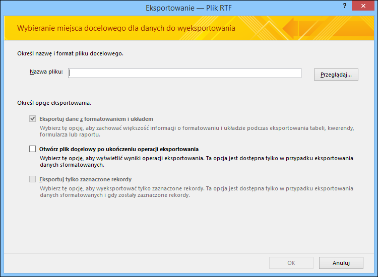 Wybierz miejsce docelowe i opcje eksportowania w oknie dialogowym Eksportowanie — Plik RTF.