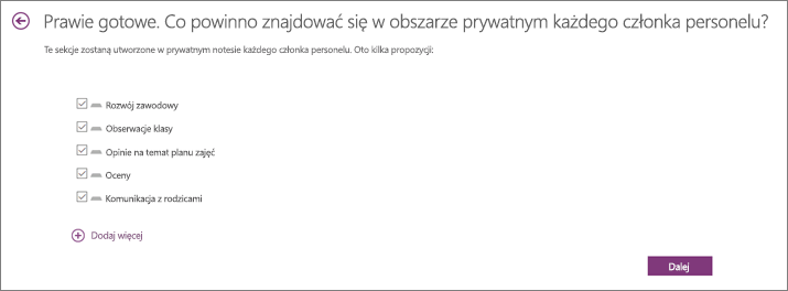 Notes dla personelu określa zawartość sekcji personelu