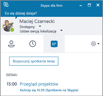 Zrzut ekranu przedstawiający kartę Spotkania w oknie programu Skype dla firm.